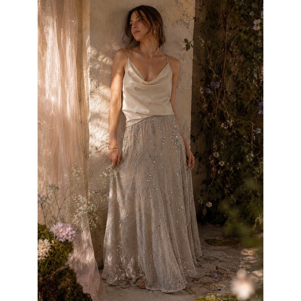 Soft Surroundings Cream Sequin Boho Fairycore Y2K Maxi Skirt Size Petite Large